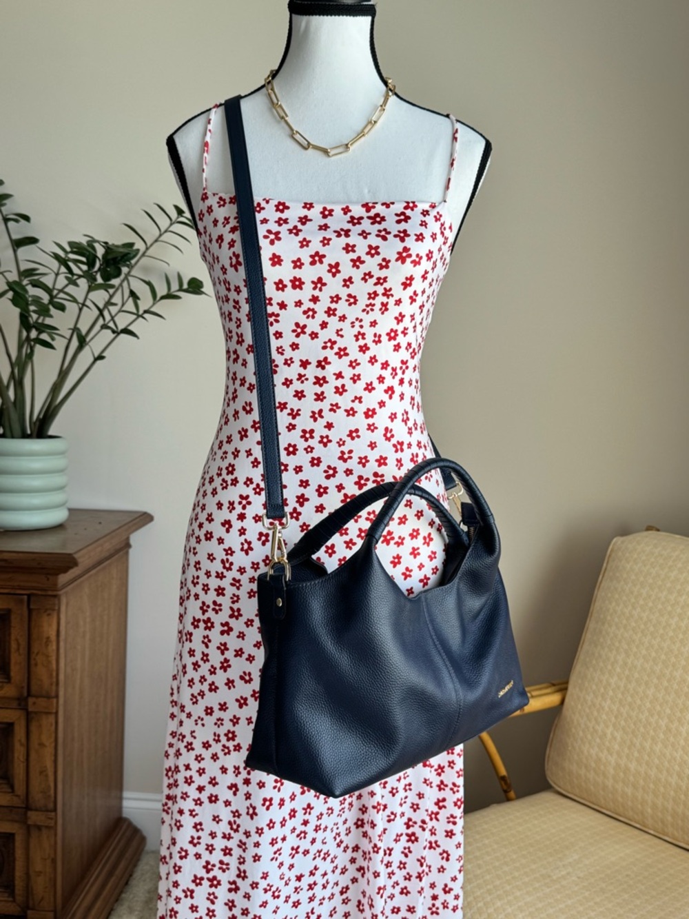 NWOT Bostanten Navy Pebbled Leather Shoulder Bag with Removable Strap